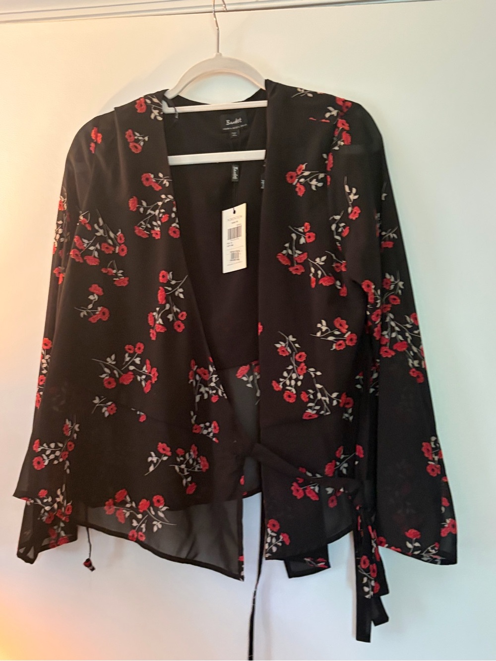 Bardot Black Floral Wrap Tie-Front Blouse with Red Accents